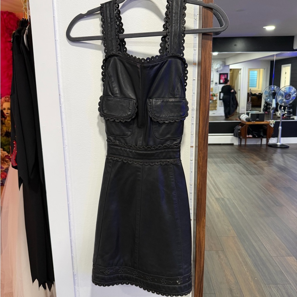 Black Leather Scalloped Mini Dress